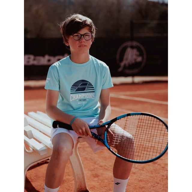 Koszulka tenisowa juniorska Babolat Exercise Graphic Tee Boy błękitna