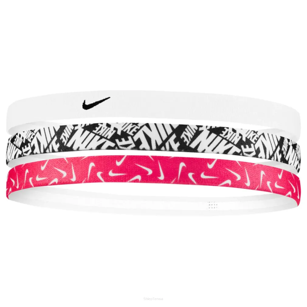 Opaski na głowę Nike Printed Headbands biało-czarno-różowe x3